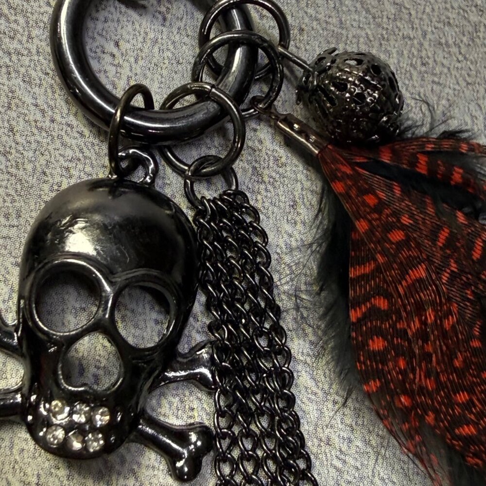 Gothic Skull Dangle Earrings Chain Red Feathers Crystal Accent Boho Punk Jewelry - Picture 11 of 16